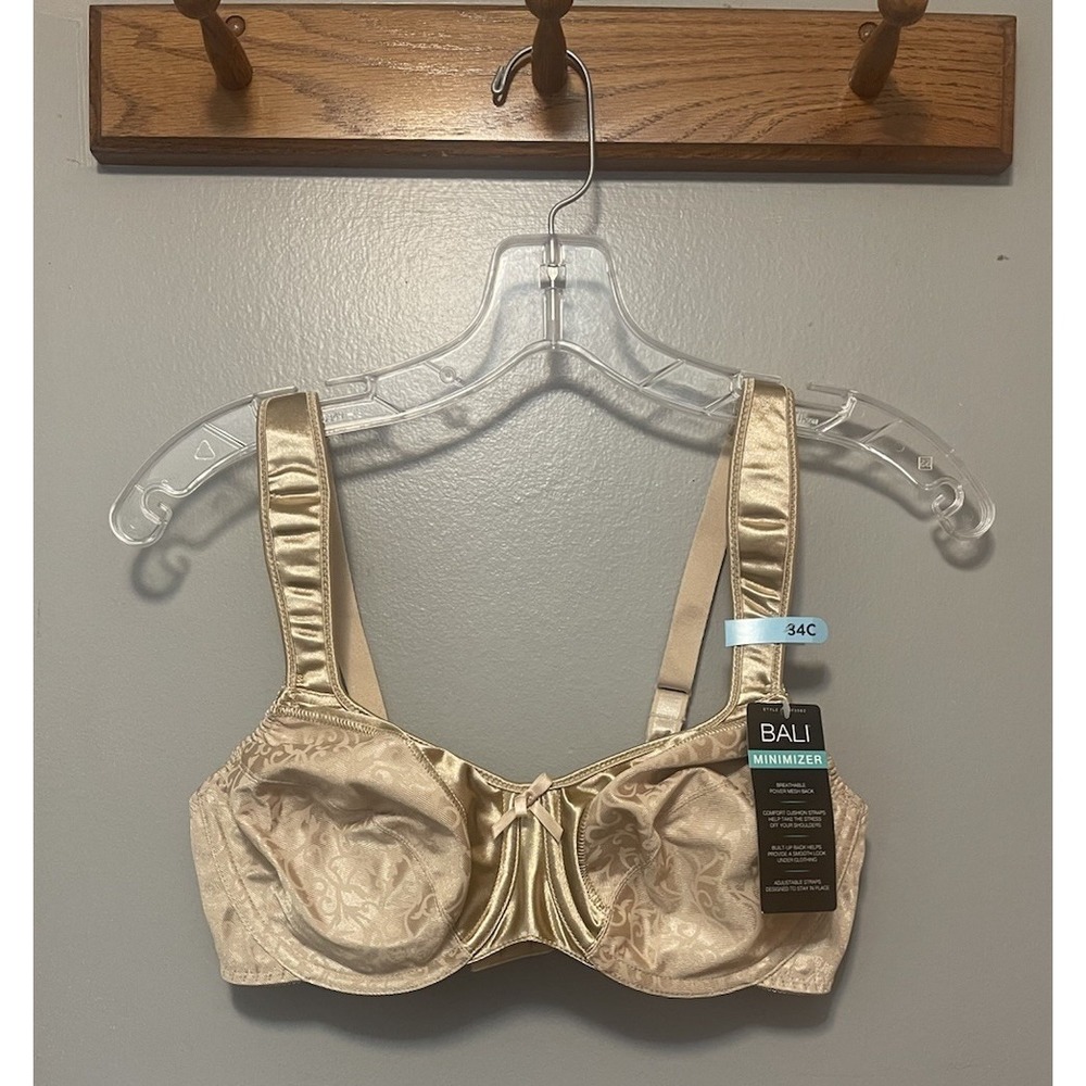 Bali Minimizer Bra 34C Underwire Padded Straps Satin Beige NWT